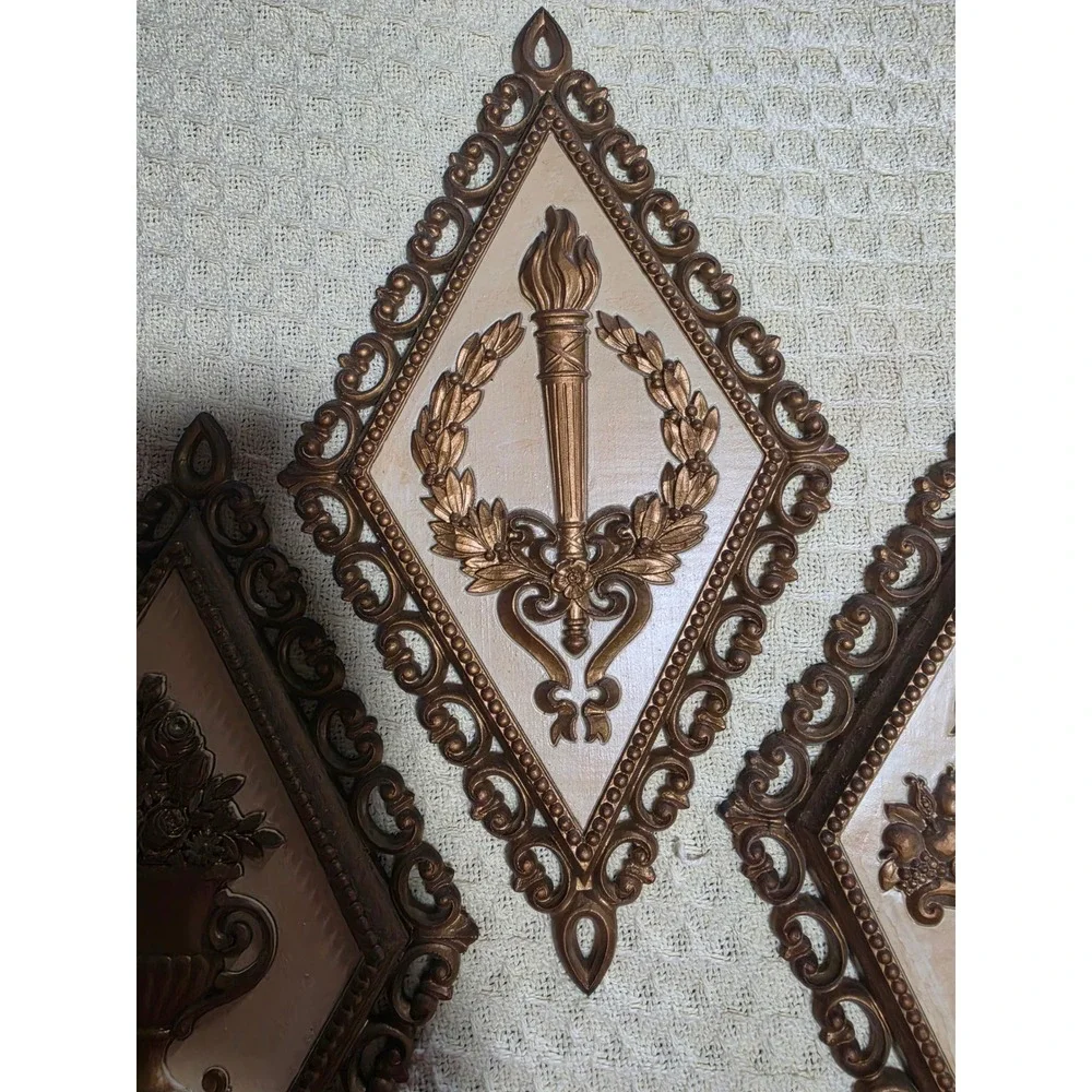 Vintage 1971 Homco Gold Diamond Wall Plaques Set of 4 Lyre Torch Urn 7226